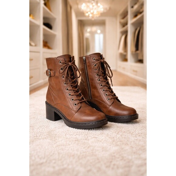 Zodiac Shoes - Zodiac Brown Lace Up Ankle Boots Women’s 9 Block Heel Side Zip Combat Moto